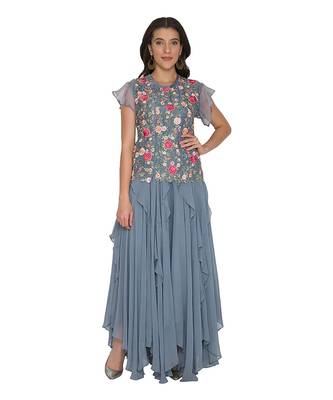 Teal Blue Ggt Ruffle Skirt With Emb Organza Long Top 1