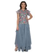 Teal Blue Ggt Ruffle Skirt With Emb Organza Long Top