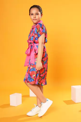Butterfly Print Shirt Dress with Belt