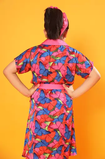 Butterfly Print Shirt Dress with Belt
