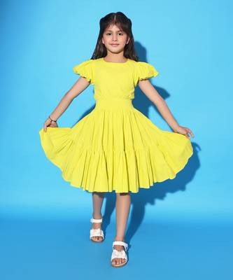 Yellow Two Teired Puff Sleeves Dress 1