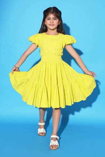 Yellow Two Teired Puff Sleeves Dress