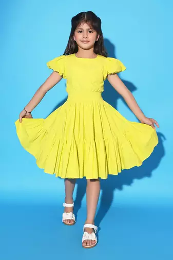Yellow Two Teired Puff Sleeves Dress