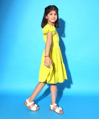 Yellow Two Teired Puff Sleeves Dress 2