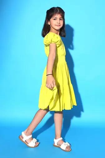 Yellow Two Teired Puff Sleeves Dress