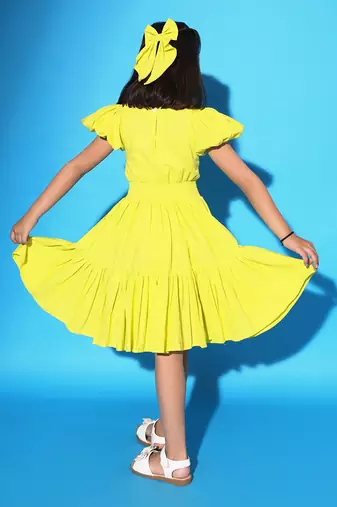 Yellow Two Teired Puff Sleeves Dress