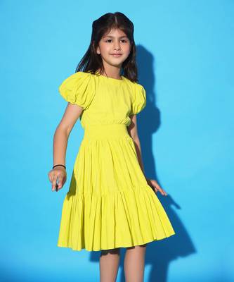Yellow Two Teired Puff Sleeves Dress 4
