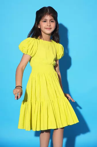 Yellow Two Teired Puff Sleeves Dress