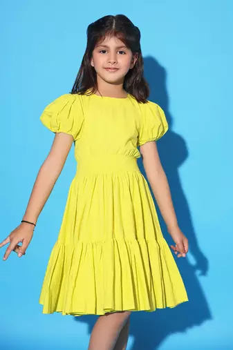 Yellow Two Teired Puff Sleeves Dress