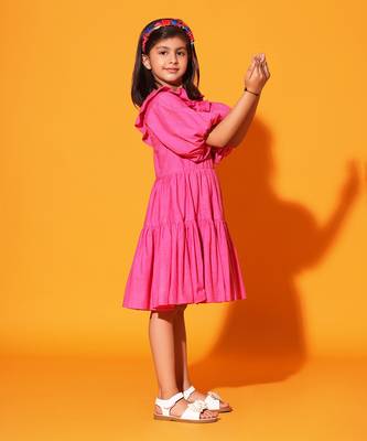 Pink Two Teired Balloon Sleeves Dress 2