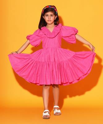 Pink Two Teired Balloon Sleeves Dress 1
