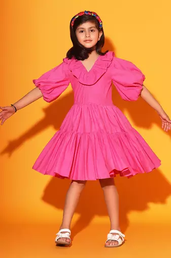 Pink Two Teired Balloon Sleeves Dress