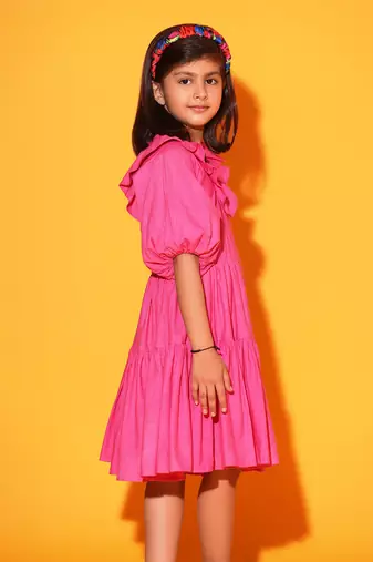 Pink Two Teired Balloon Sleeves Dress