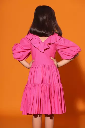 Pink Two Teired Balloon Sleeves Dress