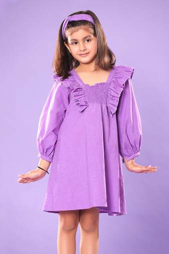 Purple Smocked Yoke Full Sleeve Dress