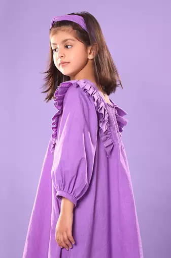 Purple Smocked Yoke Full Sleeve Dress