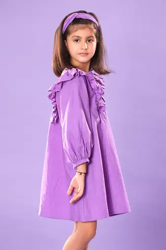 Purple Smocked Yoke Full Sleeve Dress