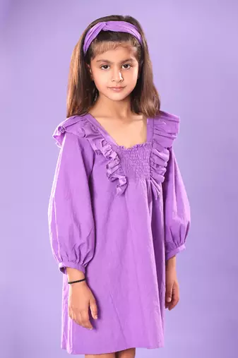 Purple Smocked Yoke Full Sleeve Dress