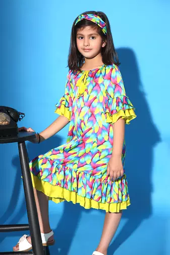Feather Print Two layered Ruffled Dress