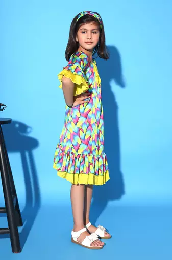 Feather Print Two layered Ruffled Dress