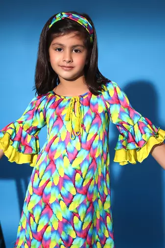 Feather Print Two layered Ruffled Dress