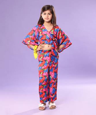 Butterfly Print Bell Sleeve Crop Top and Pant Co-ord 1