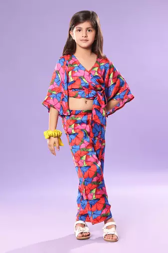 Butterfly Print Bell Sleeve Crop Top and Pant Co-ord