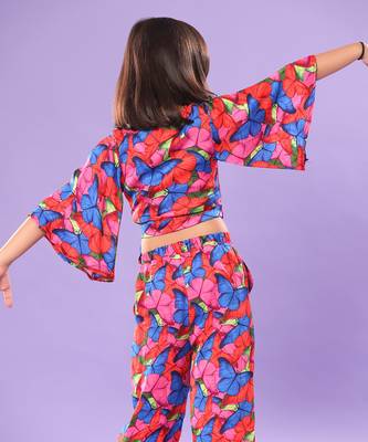 Butterfly Print Bell Sleeve Crop Top and Pant Co-ord 4