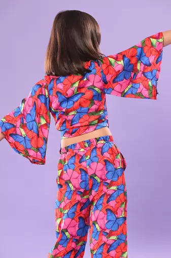 Butterfly Print Bell Sleeve Crop Top and Pant Co-ord
