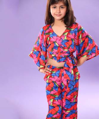 Butterfly Print Bell Sleeve Crop Top and Pant Co-ord 5