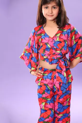 Butterfly Print Bell Sleeve Crop Top and Pant Co-ord