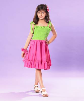 Pink and Green Smocked Bodice Ruffled Skirt Dress 1