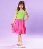 Pink and Green Smocked Bodice Ruffled Skirt Dress
