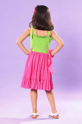 Pink and Green Smocked Bodice Ruffled Skirt Dress
