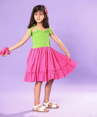 Pink and Green Smocked Bodice Ruffled Skirt Dress 3