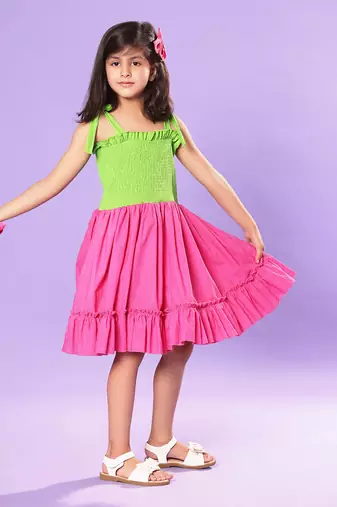 Pink and Green Smocked Bodice Ruffled Skirt Dress