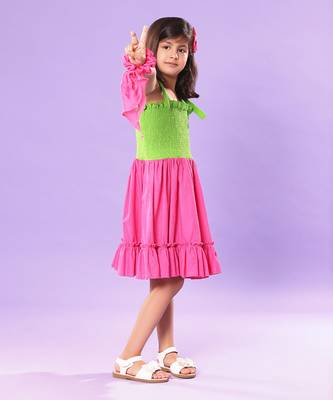 Pink and Green Smocked Bodice Ruffled Skirt Dress 4