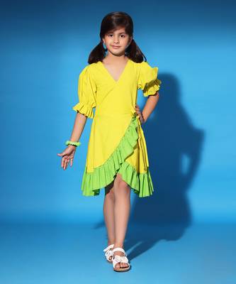 Yellow Green Ruffled Trim Wrap Dress 1