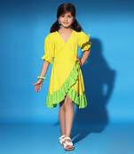 Yellow Green Ruffled Trim Wrap Dress