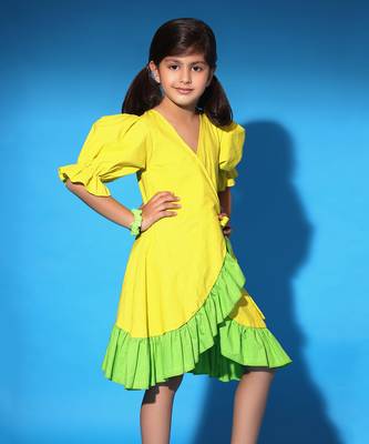 Yellow Green Ruffled Trim Wrap Dress 2