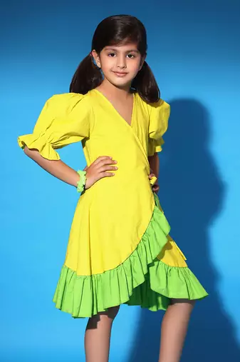 Yellow Green Ruffled Trim Wrap Dress