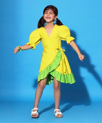 Yellow Green Ruffled Trim Wrap Dress 3