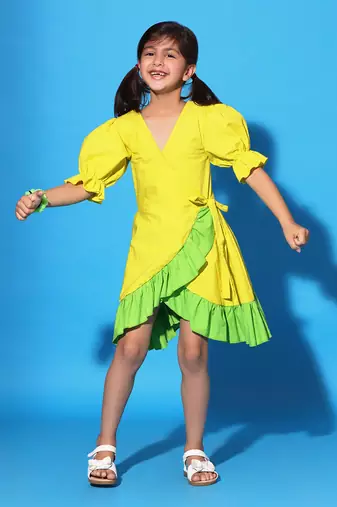 Yellow Green Ruffled Trim Wrap Dress