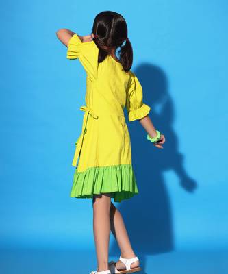 Yellow Green Ruffled Trim Wrap Dress 4