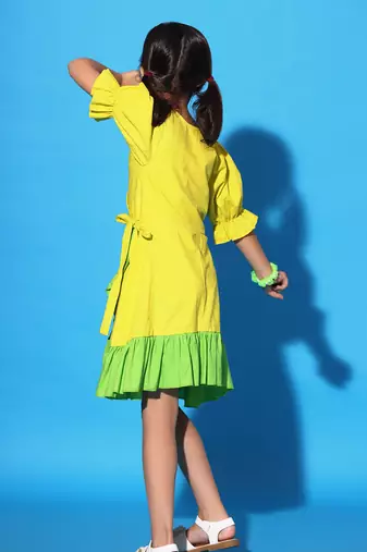 Yellow Green Ruffled Trim Wrap Dress