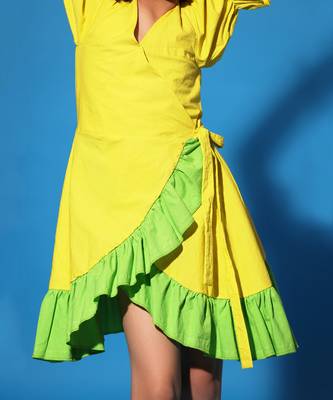 Yellow Green Ruffled Trim Wrap Dress 5