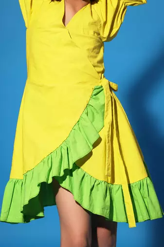 Yellow Green Ruffled Trim Wrap Dress