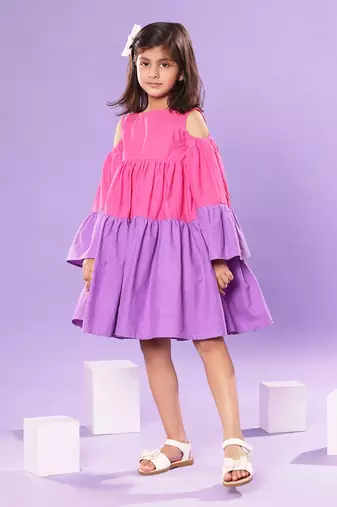 Pink and Purple Bell Sleeve Baby Doll Dress