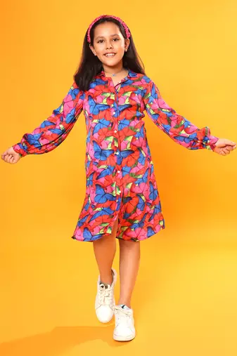 Butterfly Print Full Sleeve Shirt Dress