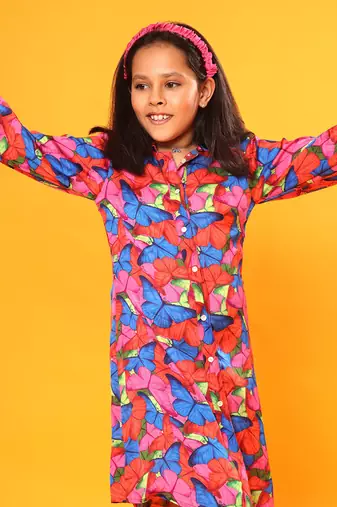 Butterfly Print Full Sleeve Shirt Dress